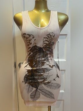 VTG Life & Death Pink Ribbed Tank Dress Y2K Leaf Foil Print Grunge Mini Size L